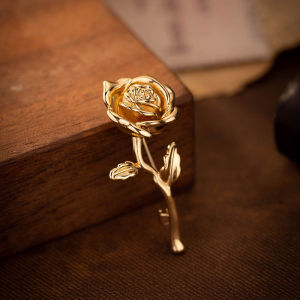 {H} Luxury High-End Gold-Tone Rose Flower Brooch Pin For Women & Men - Elegant Suit Coat Badge Fashion Jewelry Lapel Accessory