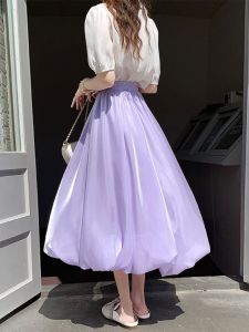 กระโปรงทรงเอเอวสูงสีม่วงสำหรับผู้หญิงในช่วงฤดูร้อน เอฟเฟกต์กระชับสัดส่วน กระโปรงทรงเอปาน้ำไม้ กระโปรงทรงดอกไม้ กระโปรงทรงกระโปรงจีบขนาดเล็ก