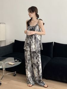 Elegant Cotton Silk Sleepwear Womens High Waist Wide Leg Pants Gown Home Set Summer Thin round Neckline Outerwear Suitable