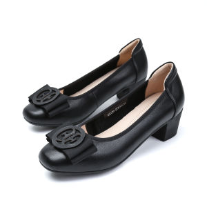 Comfortable Soft Bottom Work Shoes Spring Summer New Style Casual Knot Decorated Leather mid Heel Womens Fashion Single Shoes