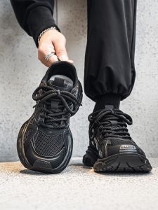 Mens Winter Thick Bottom Wide Foot Sports Casual Shoes Black Samurai Dad Shoes Youthful Trendy Brand Net Mesh Upper