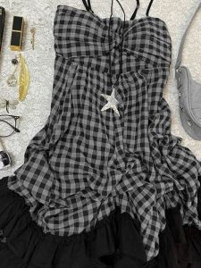 Vintage Plaid Strapless Dress Slimming plus Size Summer Fashionable Lightweight Polyester A-Line Skirt Body Concealing