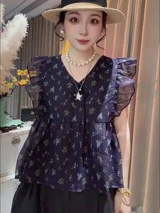 XUNYI | Áo Blouse Tay Bồng Hoa Văn Ren Pháp