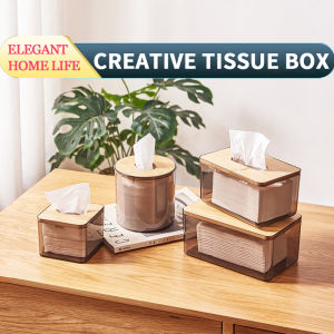 【Modern Creative】Tissue Box Holder Organizer with Wooden Cover Transparent Rectangular Round Facial Tissues Dispenser for Bathroom Bedroom Living Room
