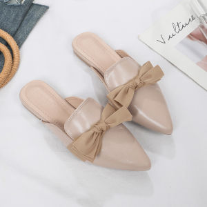 Summer 2025 Womens Headcover Half Slippers Butterfly Knot Flat Bottom Pointed Toe Slip-On Shoes Casual Wear Non-Slip Rubber Sole