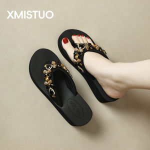 XMISTUO | Leopard Print Crystal Platform Flip Flops