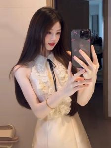 CHANGTONG | Elegant French Style Birthday Dress Rich Girl High Fashion Skirt Lace Butterfly Knot Waist Cinched Mid Summer Urban Commute