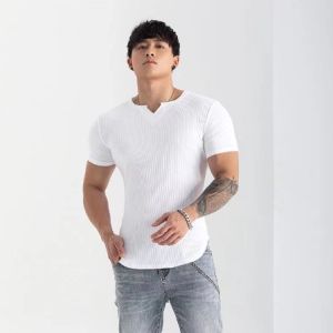New Summer Mens V-neck Simple and Elegant Solid Color T-shirt Korean Style Slim Fit Elastic T Shirts