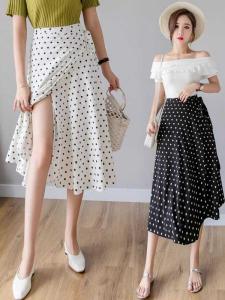 Summer High Waist One-Piece Beach Polka Dot Skirt Long A-Line Sunscreen Wrap Dress Elegant Commute Style Novel Polyester Fiber