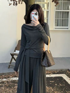 เสื้อยืดแขนยาวรัดรูปสีเทา ทรงเข้ารูป สำหรับผู้หญิง ฤดูใบไม้ร่วง ดีไซน์ไม่ซ้ำใคร คอวี ผูกโบว์ แขนยาว ทรงเข้ารูป