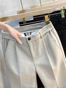 Woolen Pants Men Fall and Winter Straight-Leg Trousers Soft Suit Pants Tapered Fancy K-style Elastic Cropped Casual Pants