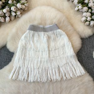 High Waist Tassel Skirt Womens 2024 Summer New Style Dancing Skirt Slimming Asymmetrical Short Skirt Korean Style Commute