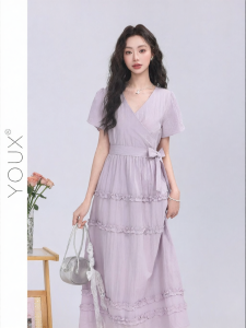 YOUXIANG | Đầm Dài Hoa Văn Cổ V Kéo Dây