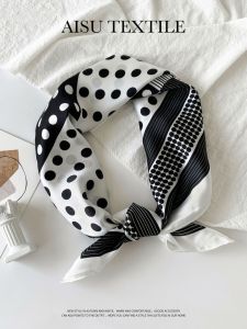 Dongdaemun New Satin Artificial Silk Polka Dot Scarf for Women Print Minimalist Classy Black and White Style Thin Square Scarf