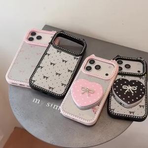 Sanrio | Full Screen Glitter Diamond Star Bow Hello Kitty Fold Mirror Stand Case For iphone 17 16 15 14 Pro Max 13 Shockproof Phone Cover