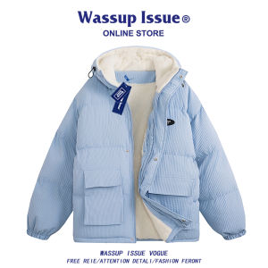 Wassup Issue American Style Trendy Hooded down Cotton Jacket Mens Winter Couple Warm Cotton Outerwear Youth Popular Loose Fit