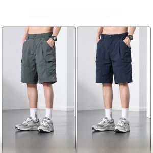 ROMON | Lormen Mens Summer Thin Ice Silk Casual Pants Workwear Utility Shorts Straight Leg Zipper Fly Mid Waist Comfortable Youthful