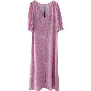 Miccbeirn | Miccbeirn Heavyweight Silk Mulberry Girls Floral Print Slim Fit V-neck Bubble Sleeve Sweet Waist Cinched Summer Dress