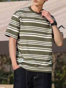 Retro Japanese Striped Short Sleeve T-Shirt Mens Summer Trendy Loose round Neck Body Casual Versatile Half Sleeve Top