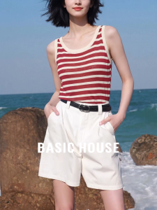 Basic House | Red Stripe U-neck Sleeveless Top