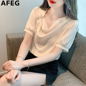 AFEG new solid color Korean version square collar fold fashion loose temperament three-dimensional flower chiffon sleeve blouse for women