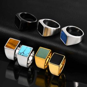 Vnox 14mm Signet Ring For Men Stainless Steel Geometry Shape With Natural Stone Stylish Handsome Finger Ring