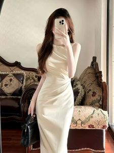 Elegant French Luxurious Sleeveless Long Dress Summer New Style White Date Dress Women High Waist H Version a Line Skirt
