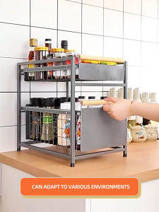 Kitchen Storage Rack Pull-Out And Finishing Rack Stainless Steel 2-Layer Drawer Storage Rack Sink Storage Basket