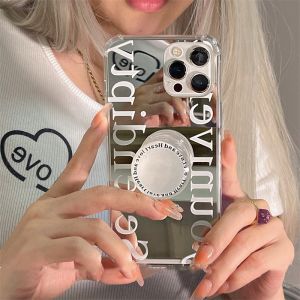 Korean Japanese Simple Style Mirror Surface Stand Phone Case for 13 12 pro Compatible with 11 Anti-Fall Protective Cover for Women