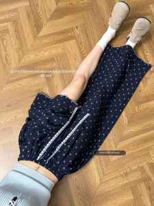 YISOF | Navy Linen Polka Dot Wide Leg Pants High Waist Loose Fit Small Frame Summer Wear