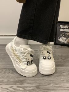 Cute KT Cat Casual Shoes Womens Low Top Flat Laced Sneakers Student Versatile Bread Shoe round Toe Thick Heel Color Block