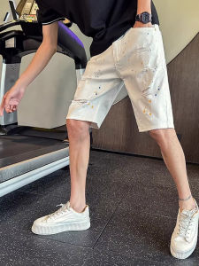 Mens Slim Fit Denim Shorts Fashionable Ripped Thin Summer Casual Five-Button Pants Youth Trendy Style Polyester Spandex Blend