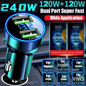 240W Car Charger 2 USB Ports Fast Charging for IPhone Samsung Xiaomi Quick Charging Adapter with Digital Display Car Chargers
