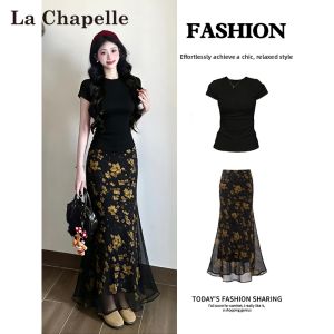 La Chapelle | Black Floral Fish Tail Midi Skirt Set
