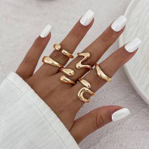 PuRui 6 ชิ้น/เซ็ตแฟชั่น Vintage เรขาคณิตไม่สม่ําเสมอเปิดแหวนผู้หญิง Boho Gold สีปรับแหวนนิ้วมือเครื่องประดับ