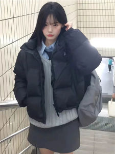 Black down Cotton Jacket Womens Winter Thickened Short Style Korean Version All-Match Coat Warm Casual Fashion Polyester Fabric