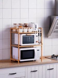 【On Hand】Bamboo Kitchen Oven Rack Microwave Rack 2/3 layers Kitchen Organizer Strong Load BearingElegant Bamboo Microwave Oven Stand with Multi-Compartment Storage Organizer