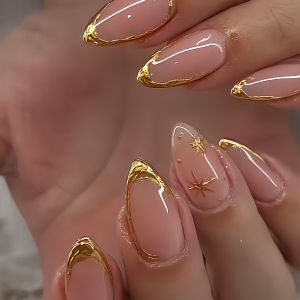 Medium fake nails for women girls nude almond nail art tips with golden french frame star design full cover press on false nail