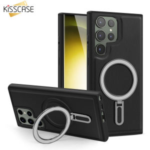 KISSCASE Leather Liquid Silicone Bracket Case For Samsung S23Ultra Luxury Magsafe Metal Invisible Foldable Kickstand Holder Stand Shell Shockproof Phone Back Cover For Galaxy S23 Plus S23+ S22