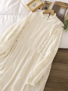 Spring New Womens Pure Color Embroidered Cotton Lin Long Sleeve Loose Pleated Shirt Dress Stand Collar Floral Lace Trim Dress