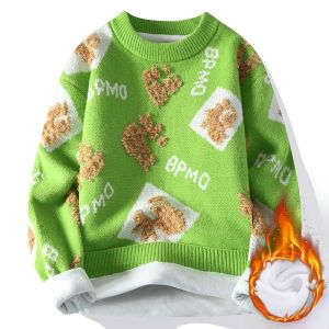 ROMON | Lormen Mens Fleece Lined Knitwear Round Neck Thick Warm Red Sweater Autumn Winter New Arrival Casual Comfortable Polyester Blend