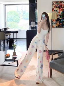 กางเกงขายาวผ้าไหมน้ำแข็งสีขาวสำหรับผู้หญิง กางเกงขายาวลำลองบางๆ ฤดูใบไม้ผลิ กางเกงนอนในบ้าน กางเกงขายาวสำหรับเดินเล่นในฤดูร้อน