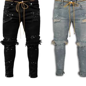 aliwish European and American Hot Mens Slim Fit Ripped Ankle-Tied Pants New Mens Paint Jeans Factory Direct Sales