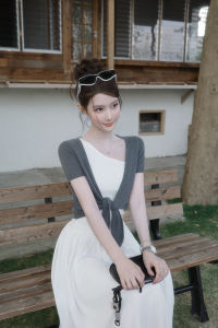 THROUS | Áo Cardigan Dài Túi Nơ Dành Cho Phụ Nữ Tay Ngắn