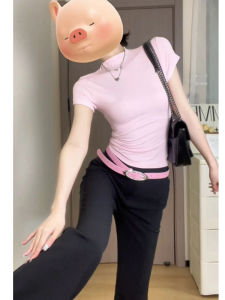 YUEZHONGWEI | Áo thun tay ngắn ôm vừa vặn phong cách Mỹ dành cho nữ mùa hè màu hồng độc đáo đẹp mắt eo nhỏ cỡ nhỏ gợi cảm áo ngắn