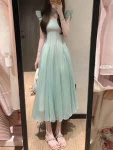 CHANGTONG | Elegant French Style Green Lace Fairy Skirt Sleeveless Long Dress Breathable Summer Holiday Beach Dress Womens Fashionable