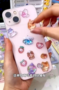 Cute 3D Embossed Crystal Stickers Transparent for Girls Phone Laptop Decorative Cartoon Stickers Stationery
