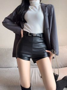 กางเกงขาสั้น PU ทรงเอเอวสูงสำหรับผู้หญิง กางเกงขายาวทรงตรง ทรงสลิมฟิต ผ้าฝ้ายผสมโพลีเอสเตอร์ ฤดูใบไม้ร่วง 2024