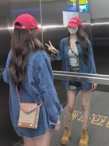 Áo Sơ Mi Denim Dáng Rộng Cổ Polo Dài Tay Màu Trơn Phong Cách Công Sở Chống Tia UV Áo Khoác Ngoài Lót Polyester Dài Vừa Phải