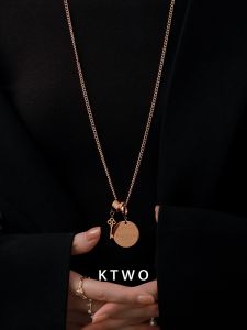 Rose Gold Titanium Steel Necklace Simple round Tag Key Charm Womens Fashion Sweater Chain Jewelry Trendy Minimalist Design
